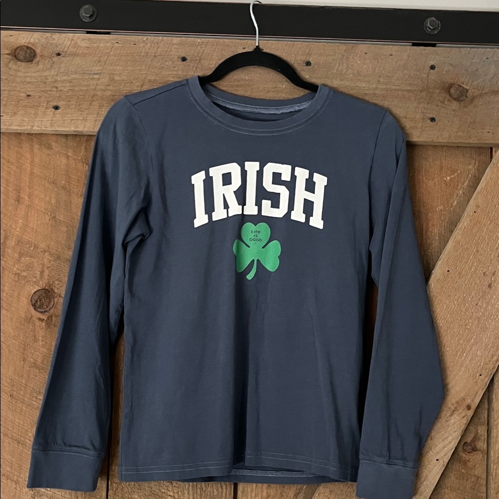 Life Is Good Navy Long Sleeve Tee with White IRISH Text & Green Shamrock